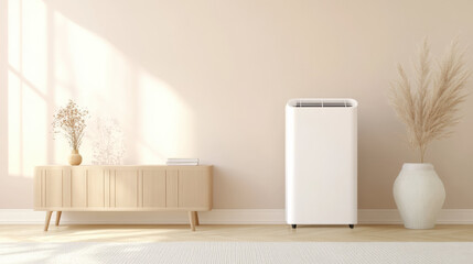 modern portable air conditioner in minimalist living room with neutral tones