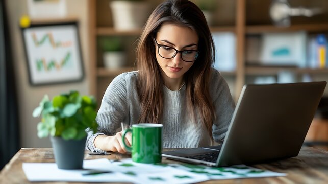 Focused woman analyzing investment charts with green coffee mug and shamrock plant beside laptop