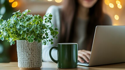 Focused woman at her desk with a green coffee mug, laptop, and shamrock plant symbolizing financial success