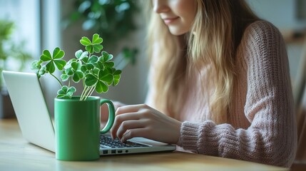 Focused woman using laptop with green coffee mug and shamrock plant representing success and good fortune