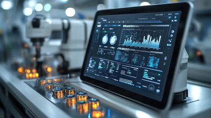 Tablet displaying smart factory automation settings, controlling multiple machines through a centralized AI interface