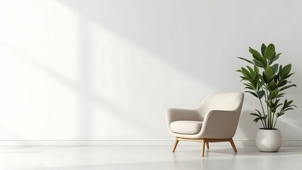 Beige armchair against white empty wall in minimalist modern interior