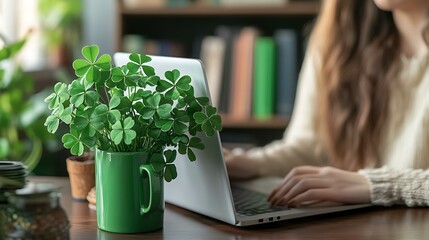 Focused woman using laptop with green coffee mug and shamrock plant representing success and good fortune
