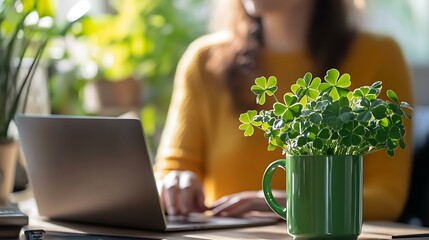 Focused woman using laptop with green coffee mug and shamrock plant representing success and good fortune