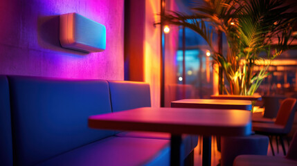 modern lounge with vibrant lighting, featuring wall mounted speaker, cozy seating, and tropical plant