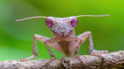 Close-up insect on branch, blurred green background.  Possible use Educational or nature photography