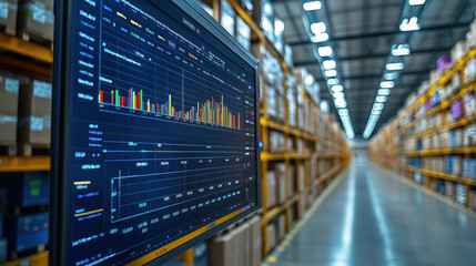 Tablet monitoring the efficiency of a smart warehouse, showing real-time order fulfillment data