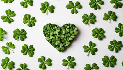 Eco-friendly St. Patrick's concept with heart-shaped green clovers on white.