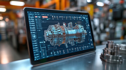 Tablet showing 3D manufacturing process simulation, used by engineers for process optimization