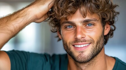 Obraz premium Regrowth treatment for hair loss Smiling man with curly hair and blue eyes in casual setting.