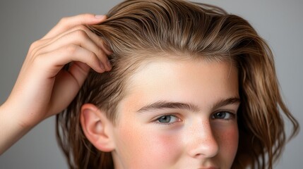 Fototapeta premium Regrowth treatment for hair loss Portrait of a young person styling their hair with natural light.