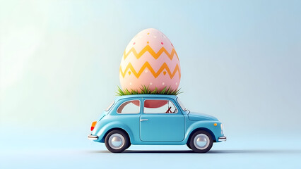 Small blue car carrying a giant Easter egg on pastel background