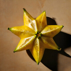 Fototapeta premium A star fruit next to several, forming perfect star shapes with a glossy yellow texture