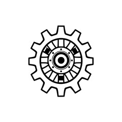 Black and white, high-contrast engineering gear or cogwheel illustration, isolated on white background.
