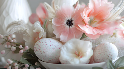 A beautifully arranged Easter centerpiece with decorated eggs, soft feathers, and floral accents for a warm spring vibe.