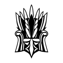 An ornate black and white throne, centered on white background, featuring stylized, graphic artwork of a throne.
