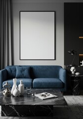 home interior Frame mockup, ISO A paper size. Living room wall poster mock up. empty mockup with house background. Modern interior design. 3D render