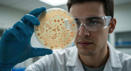 Biologist examines petri dish bacteria culture growth