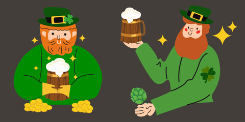 Saint Patricks day holiday. Irish mythology Leprechaun cartoon character. Joyful leprechauns in a green suit with a beer, coins and hop. Hand drawn vector illustration in retro style