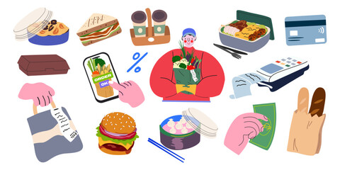 Icon collection of delivery food, takeaway lunch, payment methods, delivery service, courier service, packaging. Take out food to home. Food delivery cartoon retro stickers