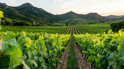 Vineyard rows at sunset, mountain view, agricultural landscape, relaxing scene, suitable for print or web