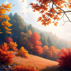 An Isekai anime-style autumn landscape with a soft, dreamy atmosphere. Hazy soft light and expressive composition depict the vibrant foliage, first frost, and harmonious coexistence of seasons 