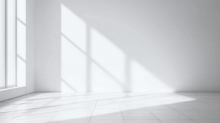 White room with large window and white floor featuring a clean and minimalistic background