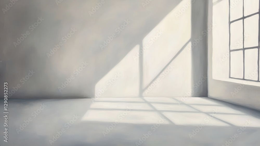 Poster minimalist interior with sunlight streaming through large windows, creating soft shadows on the floo