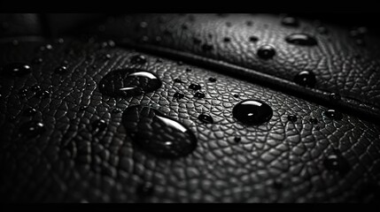 Glistening water drops on a sleek black leather surface create a stunning contrast,  HD 8K wallpaper Photographic Image