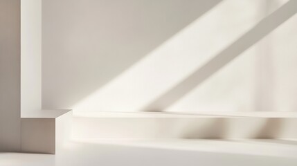 Minimalist interior with soft shadows, white wall and curved step, clean modern design for backgrounds, empty space, daylight beams creating mood.