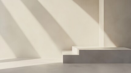 Obraz premium Minimalist interior with natural light, empty space, and subtle shadows on a concrete platform, perfect for modern design and architectural backgrounds.