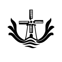 Windmill on water with wave crests in black and white, minimalistic design.