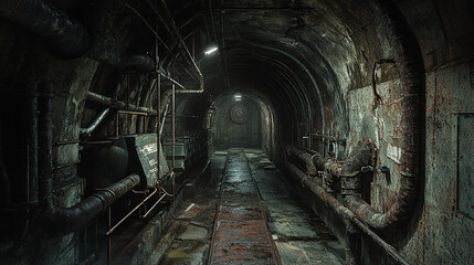 Obraz premium A massive underground tunnel filled with old pipes