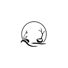 Black and White minimalist illustration of a tree and plant inside of a circle.