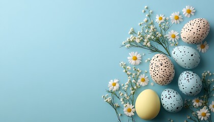 Fototapeta premium Easter eggs and flowers are arranged on a light blue surface