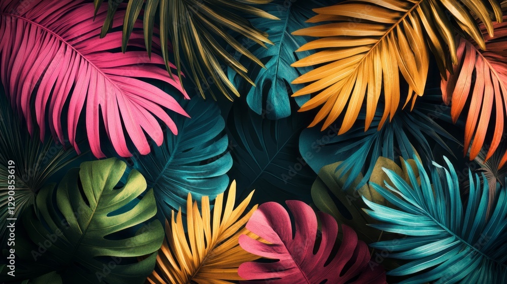 Poster Bold and lush palm leaves in a spectrum of colors create a dynamic composition that inspires feelings of warmth and tranquility, perfect for a tropical getaway or artistic project
