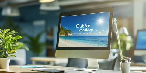 Message "Out for vacation" on computer screen in modern office