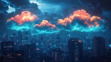 Fototapeta premium Clouds shaped like glowing holographic creatures floating above a cityscape, Fantasy, Pop Art, Vivid Colors