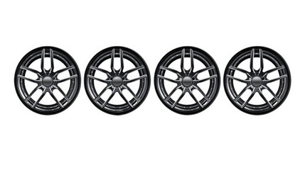 Fototapeta premium four sleek. modern car wheels arranged in a row against a clean. white background the wheels have a stylish design with multiple spokes and a glossy finish. showcasing a blend of aesthetics and functi