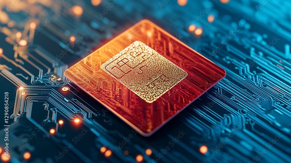 Poster close up of gold and red microchip on circuit board