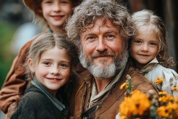 Fototapeta premium Smiling man surrounded by children holding flowers in a rustic outdoor setting during a sunny day