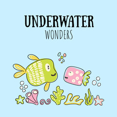Underwater cartoon fish with seaweed bubbles and coral. vector illustration