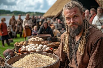 Gathering of village traders at a historical settlement near a river during a sunny day