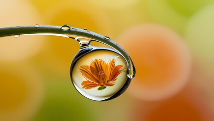 Fototapeta premium A close-up of a water droplet on a curved leaf, reflecting an orange flower against a blurred background of green and yellow hues.
