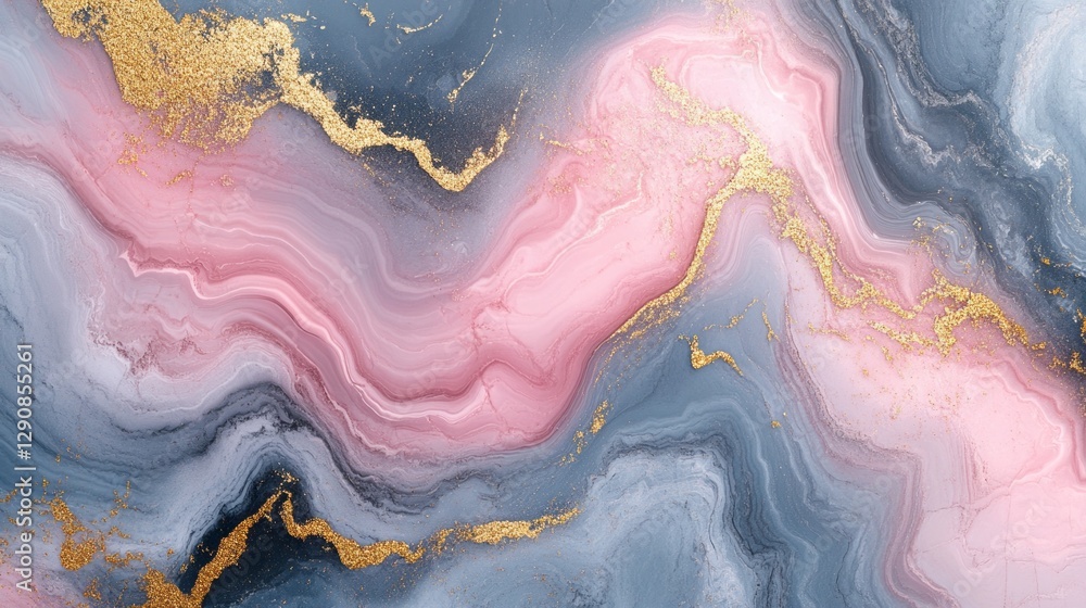 Poster swirling patterns of gray and soft pink flow into each other, accented by delicate gold lines