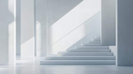 White room featuring staircase and large window with minimalist professional workspace design