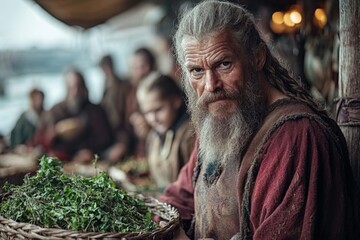 Obraz premium Viking merchant selling herbs at a bustling harbor during a cloudy afternoon in a historic village