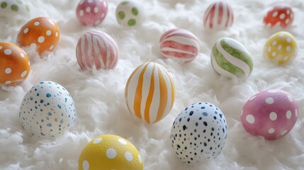 Painted Easter eggs with polka dot and striped designs scattered on a fluffy white surface