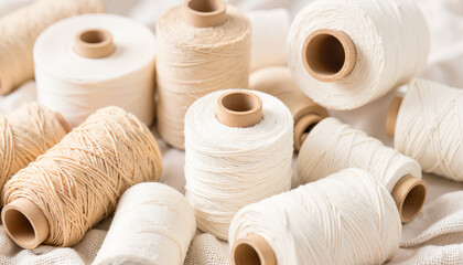 Beige and white cotton thread spools arranged on fabric. Handwoven fabric, Eco-friendly clothing