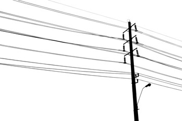 Silhouette of high voltage electric pole with connected wires isolated on transparent background...